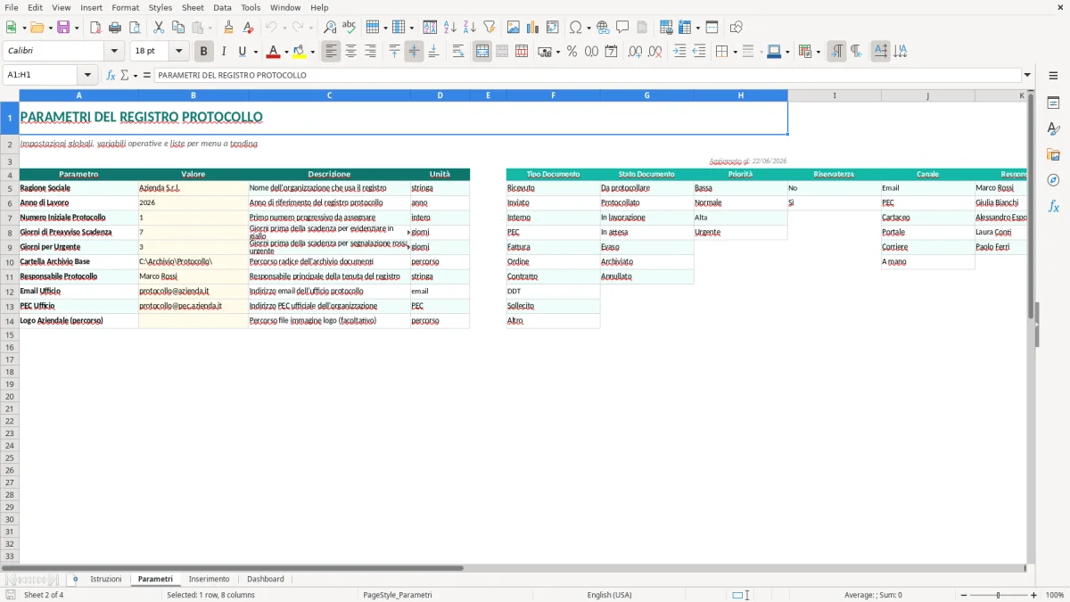 Screenshot 2: Foglio Parametri - Modello Excel Registro protocollo documenti Excel - Modello Gratis (2026)