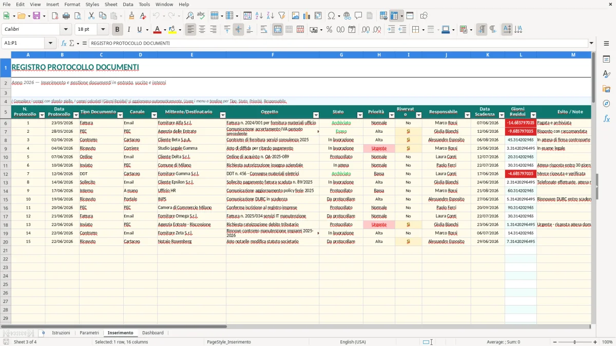 Screenshot 3: Foglio Inserimento - Modello Excel Registro protocollo documenti Excel - Modello Gratis (2026)