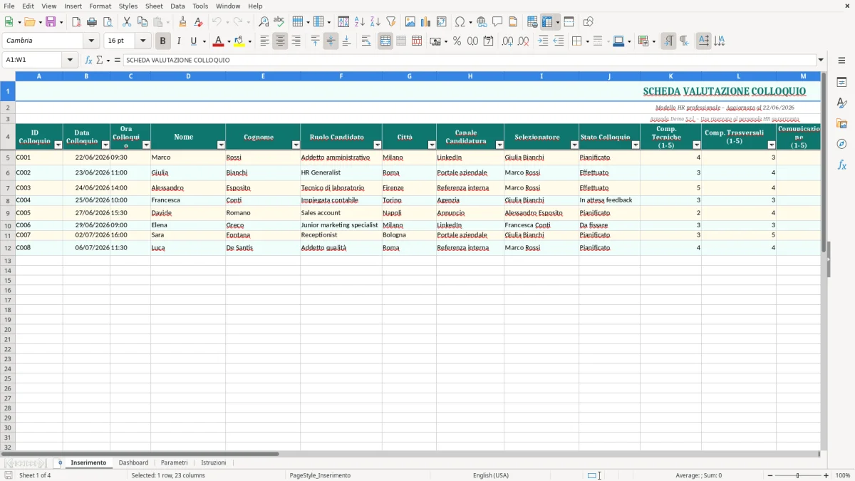 Screenshot 1: Foglio Inserimento - Modello Excel Scheda valutazione colloquio Excel - Modello Gratis (2026)