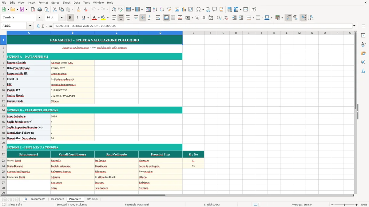 Screenshot 3: Foglio Parametri - Modello Excel Scheda valutazione colloquio Excel - Modello Gratis (2026)
