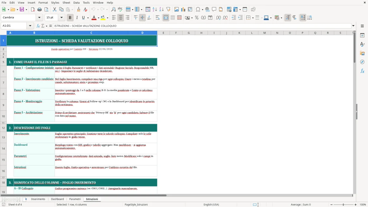 Screenshot 4: Foglio Istruzioni - Modello Excel Scheda valutazione colloquio Excel - Modello Gratis (2026)