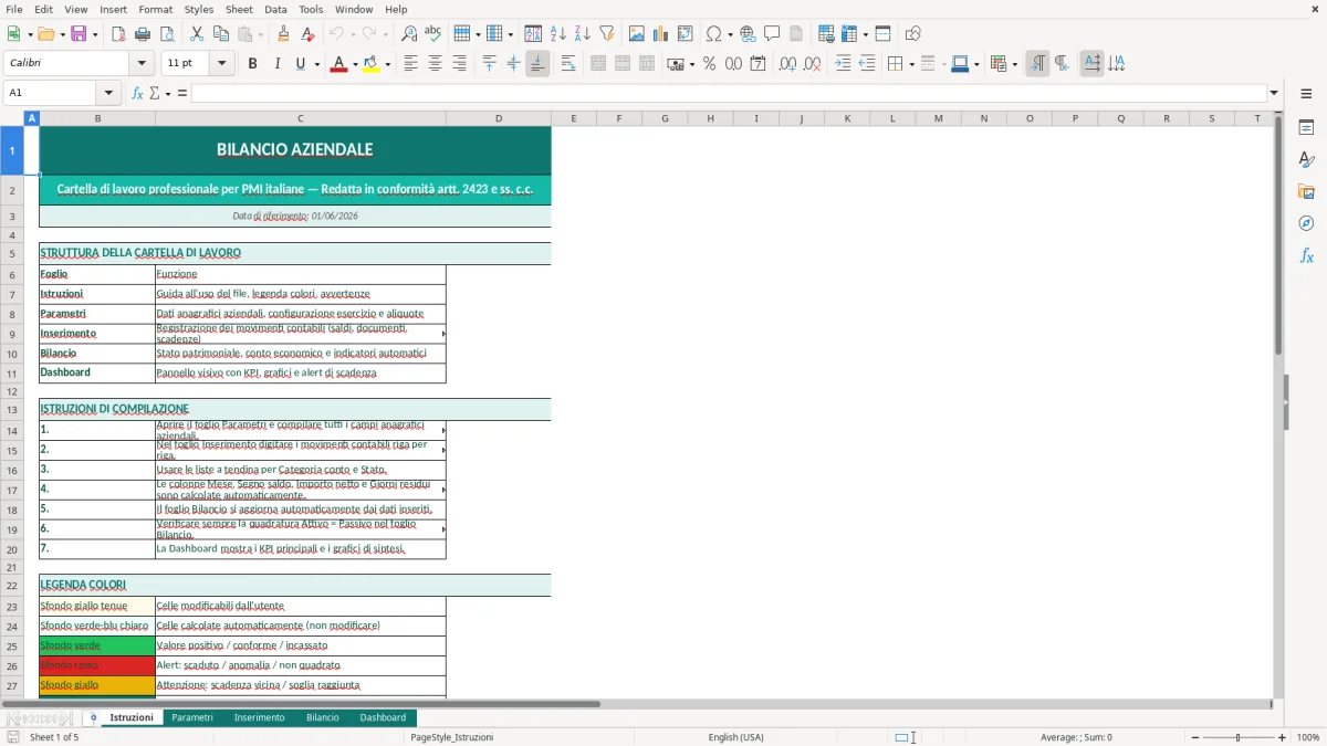 Screenshot 1: Foglio Istruzioni - Modello Excel bilancio aziendale excel