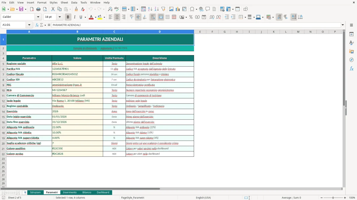 Screenshot 2: Foglio Parametri - Modello Excel bilancio aziendale excel