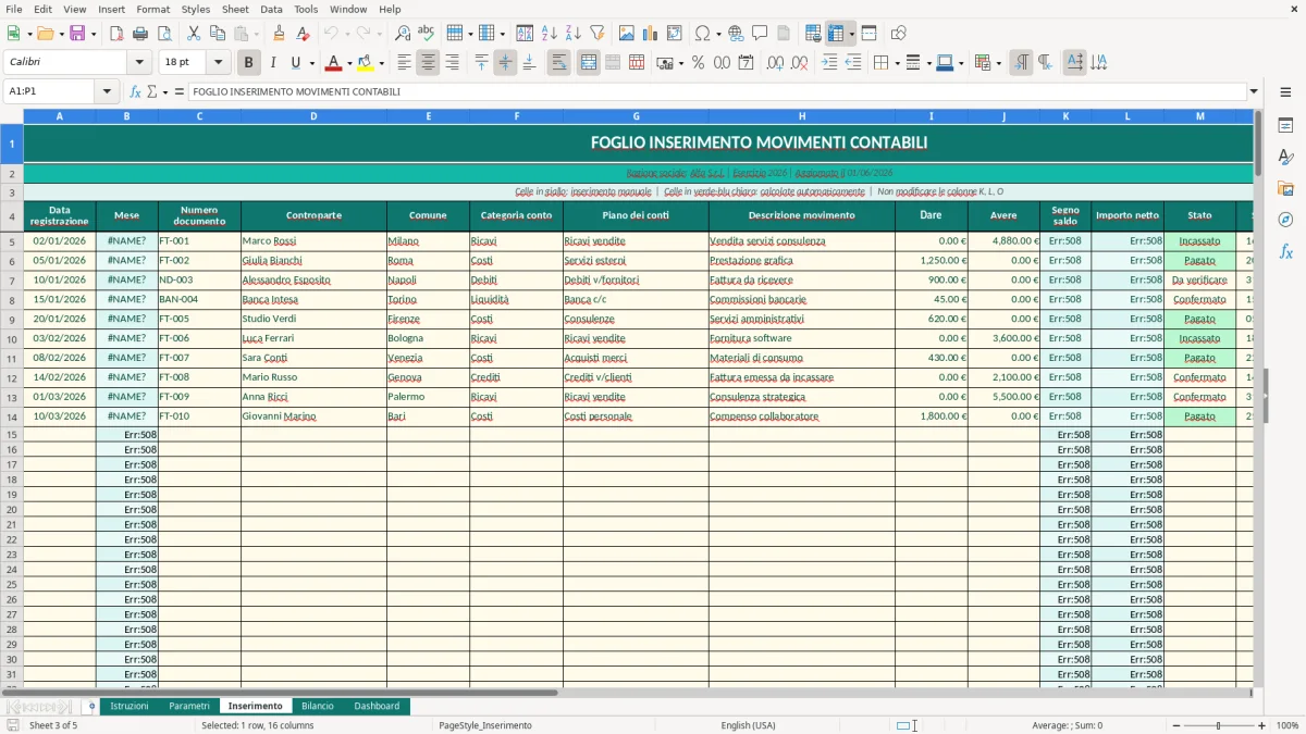 Screenshot 3: Foglio Inserimento - Modello Excel bilancio aziendale excel
