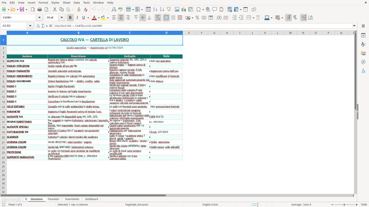 Screenshot 1: Foglio Istruzioni - Modello Excel calcolo IVA excel