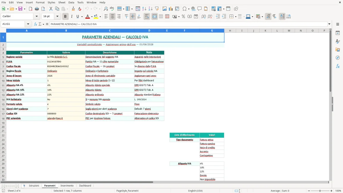 Screenshot 2: Foglio Parametri - Modello Excel calcolo IVA excel