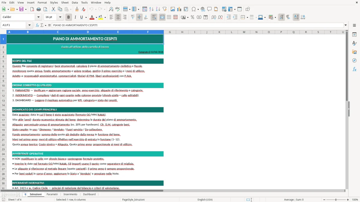 Screenshot 1: Foglio Istruzioni - Modello Excel calcolo ammortamento excel