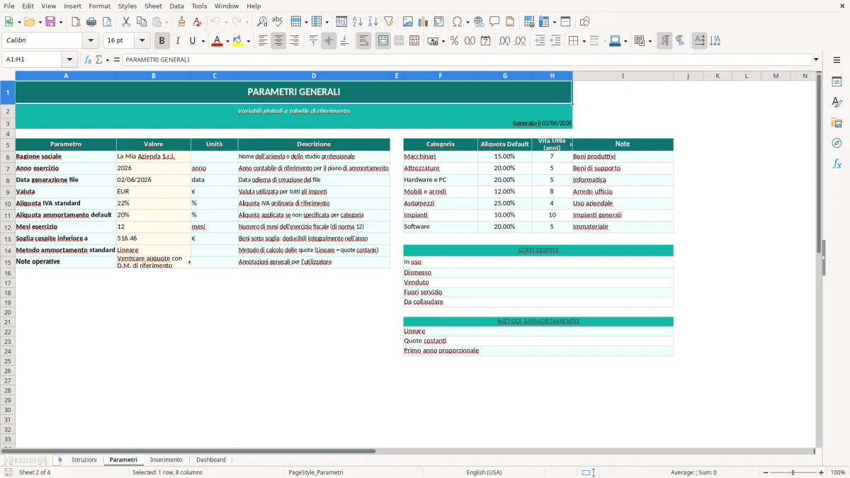 Screenshot 2: Foglio Parametri - Modello Excel calcolo ammortamento excel