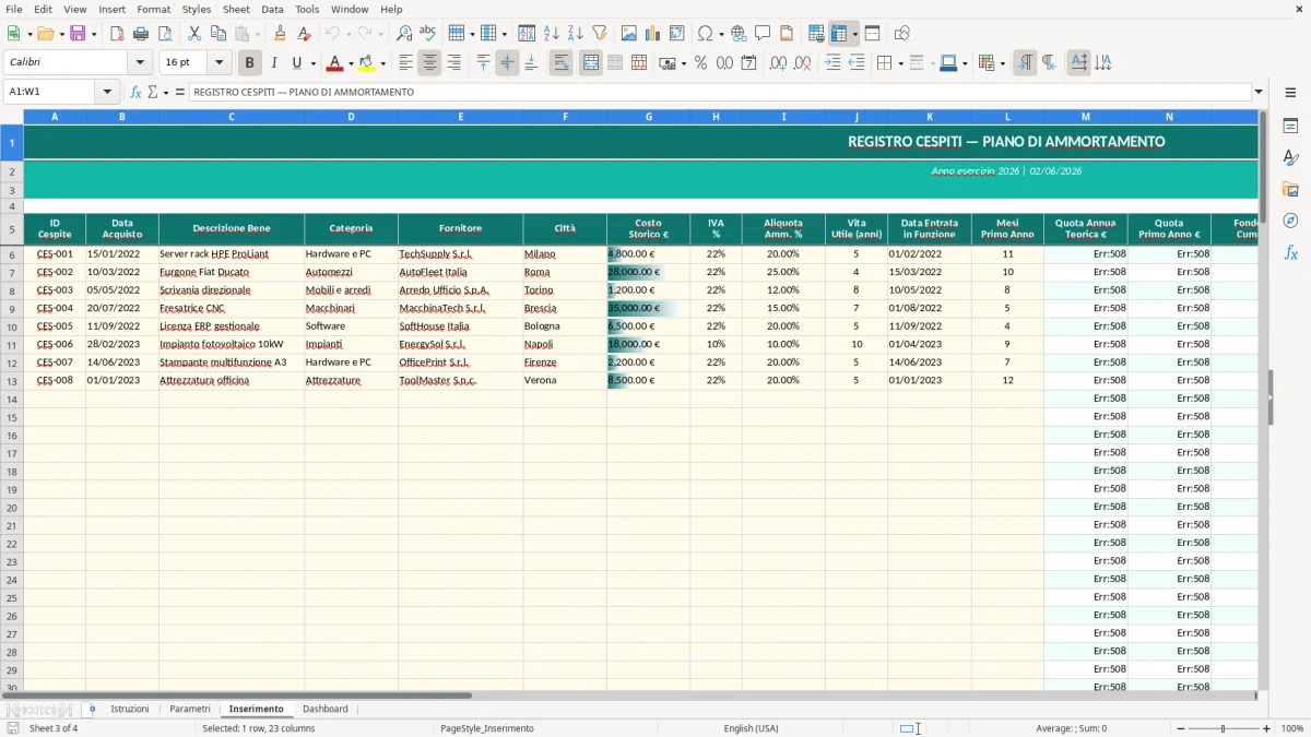 Screenshot 3: Foglio Inserimento - Modello Excel calcolo ammortamento excel