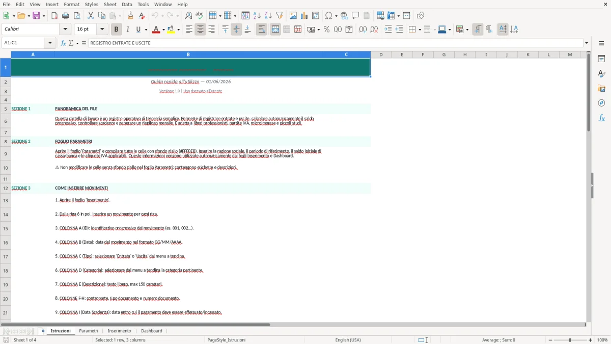 Screenshot 1: Foglio Istruzioni - Modello Excel foglio excel entrate uscite