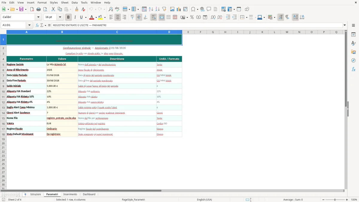 Screenshot 2: Foglio Parametri - Modello Excel foglio excel entrate uscite