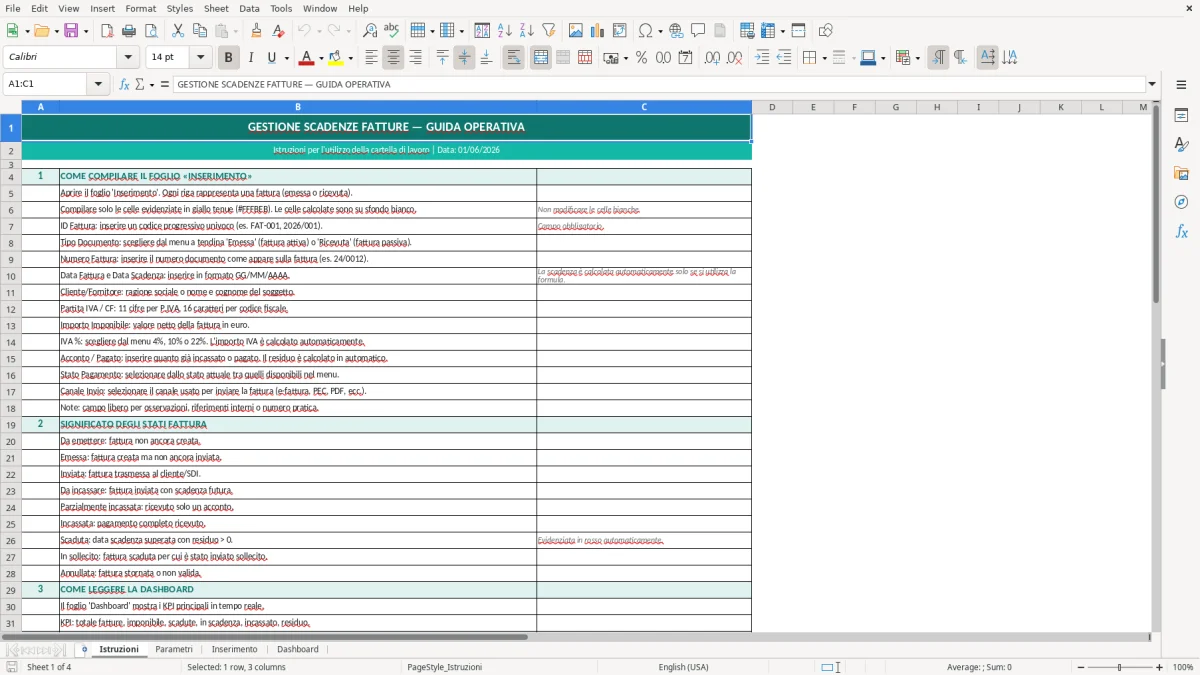 Screenshot 1: Foglio Istruzioni - Modello Excel gestione scadenze fatture excel