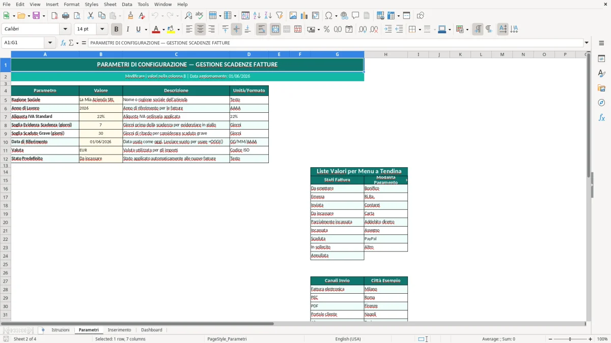 Screenshot 2: Foglio Parametri - Modello Excel gestione scadenze fatture excel