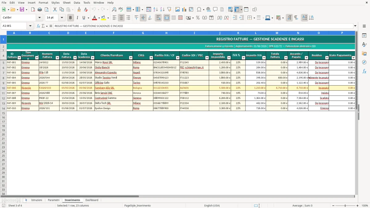 Screenshot 3: Foglio Inserimento - Modello Excel gestione scadenze fatture excel
