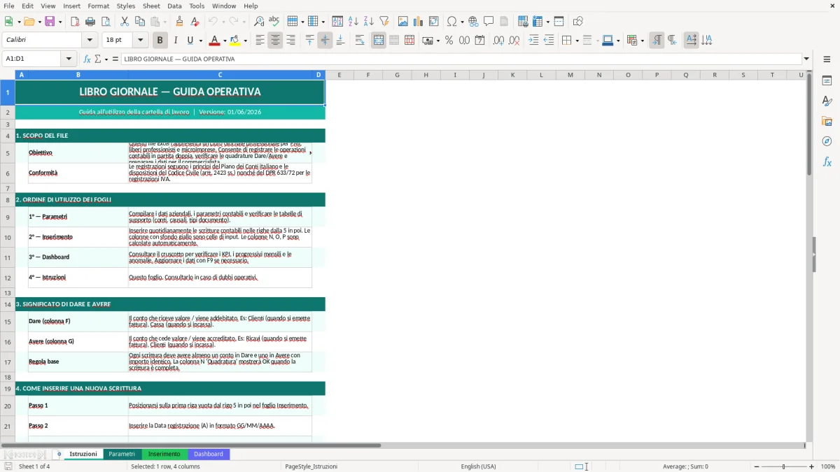 Screenshot 1: Foglio Istruzioni - Modello Excel libro giornale excel