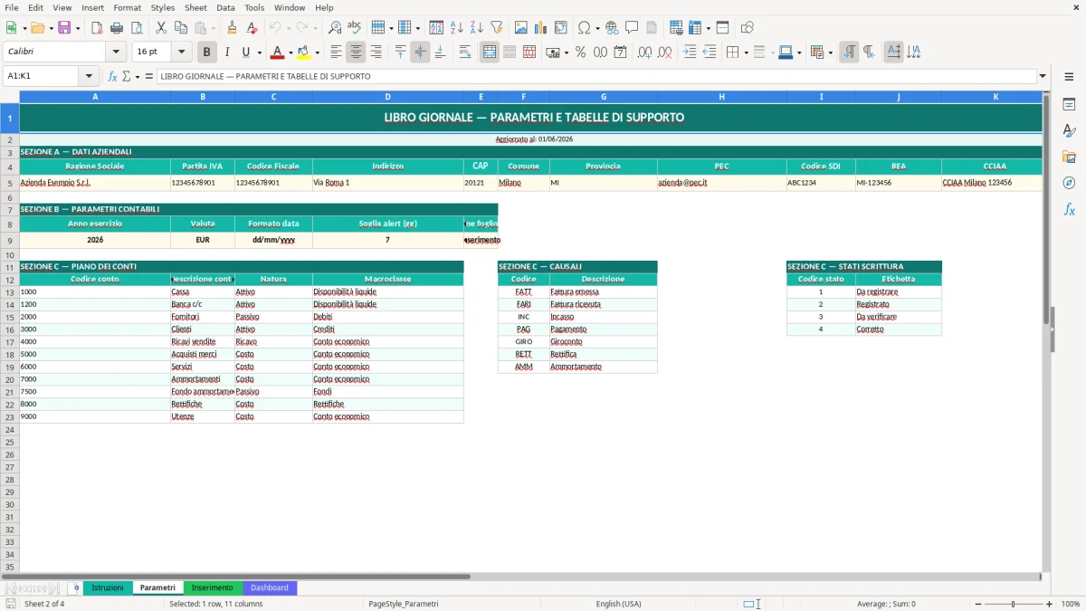 Screenshot 2: Foglio Parametri - Modello Excel libro giornale excel