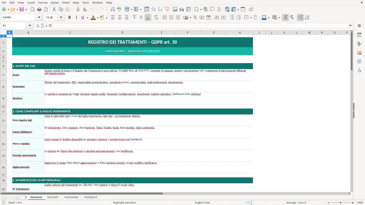 Screenshot 1: Foglio Istruzioni - Modello Excel modello GDPR registro trattamenti excel