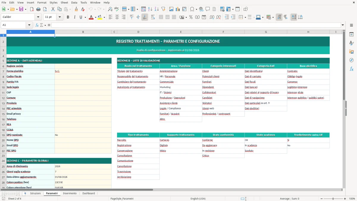 Screenshot 2: Foglio Parametri - Modello Excel modello GDPR registro trattamenti excel