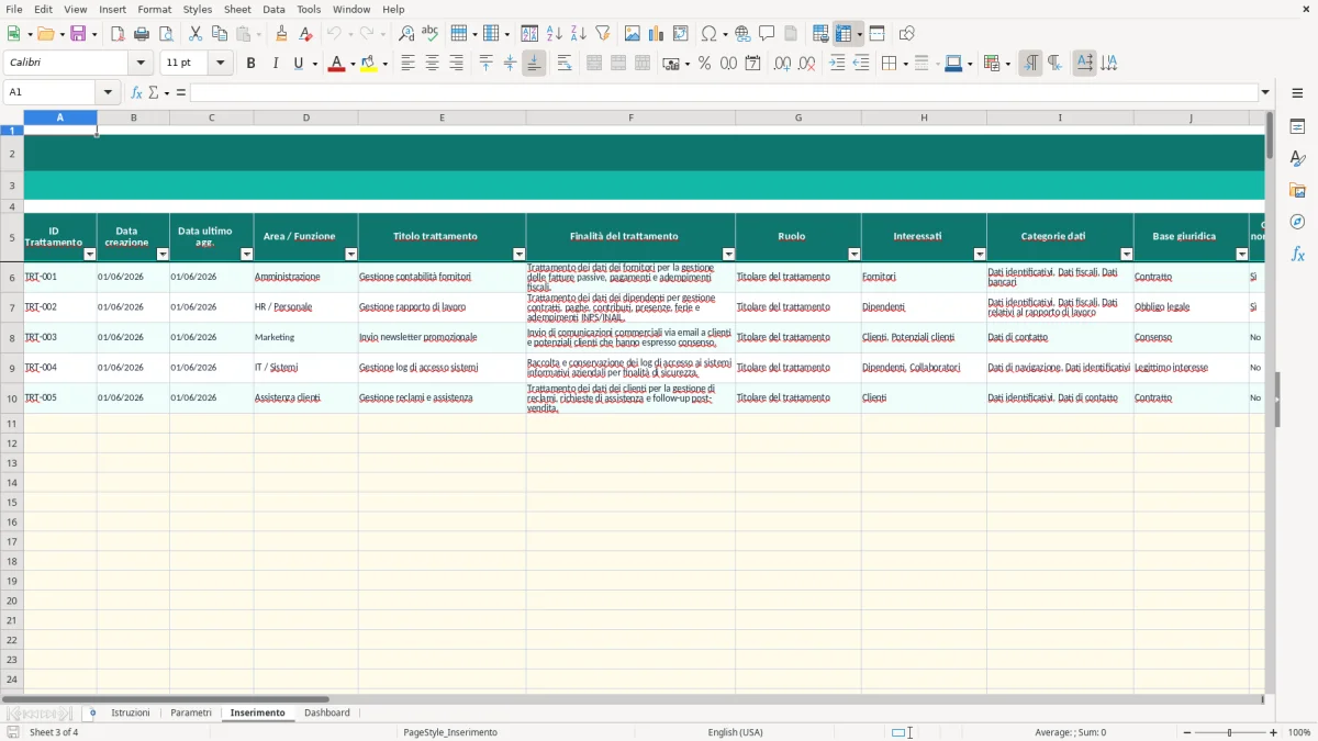 Screenshot 3: Foglio Inserimento - Modello Excel modello GDPR registro trattamenti excel