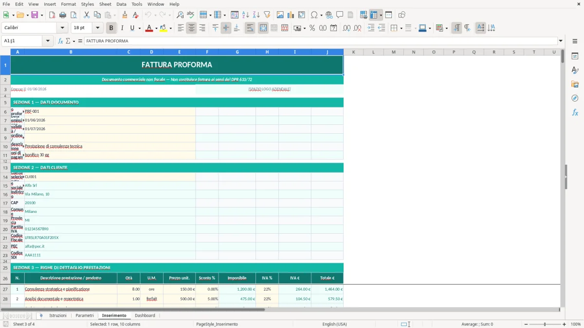 Screenshot 1: Foglio Istruzioni - Modello Excel modello fattura proforma excel