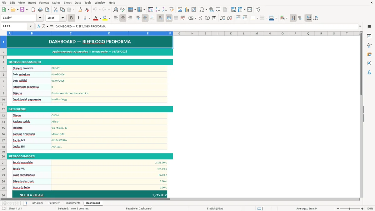 Screenshot 2: Foglio Parametri - Modello Excel modello fattura proforma excel