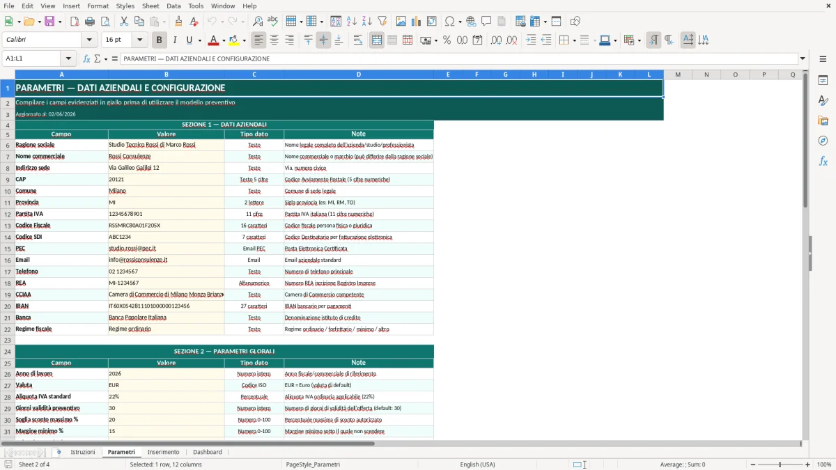 Screenshot 2: Foglio Parametri - Modello Excel modello preventivo excel