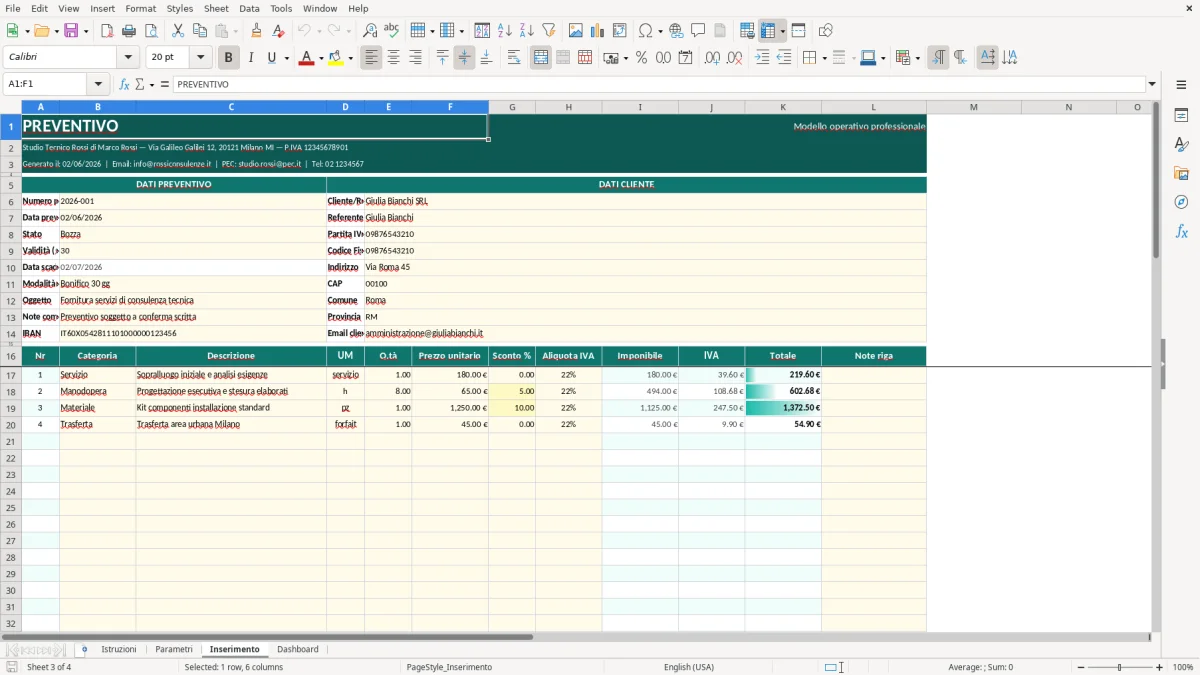 Screenshot 3: Foglio Inserimento - Modello Excel modello preventivo excel
