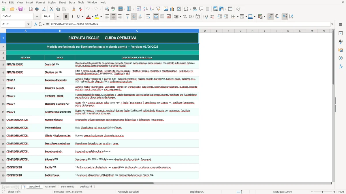 Screenshot 1: Foglio Istruzioni - Modello Excel modello ricevuta fiscale excel