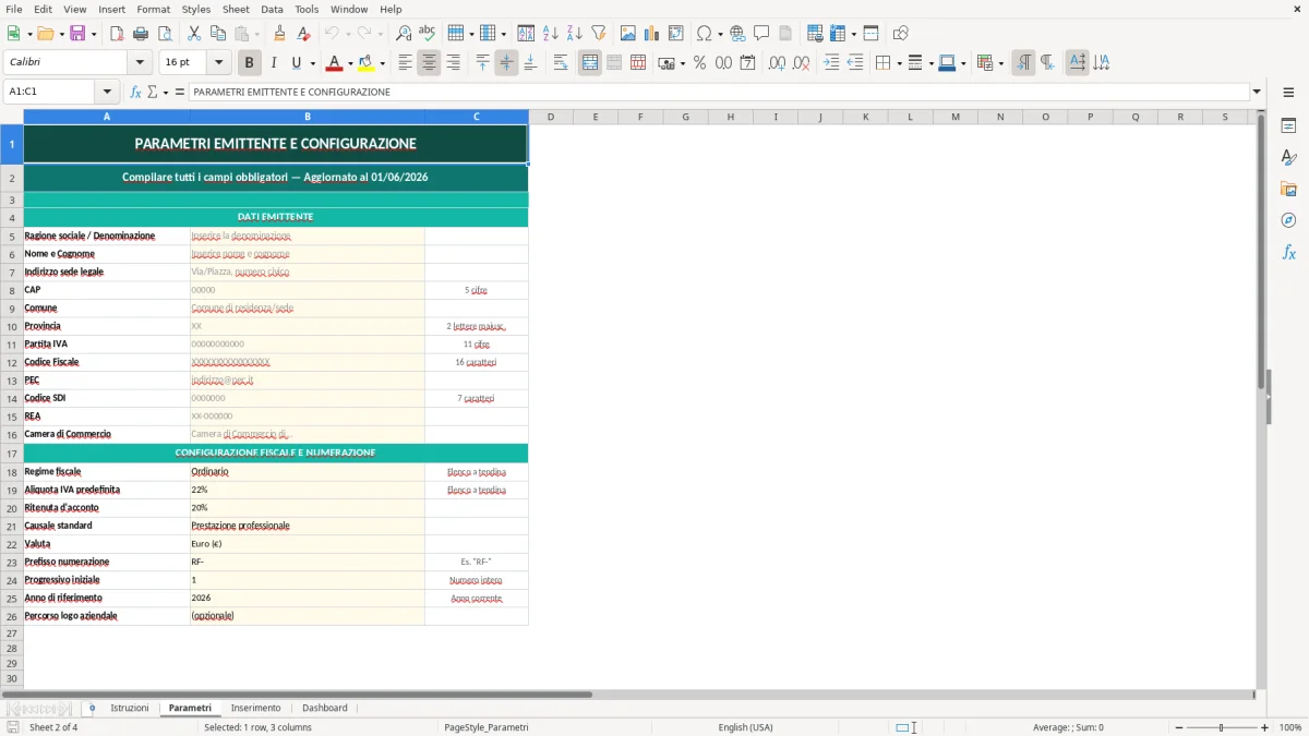 Screenshot 2: Foglio Parametri - Modello Excel modello ricevuta fiscale excel
