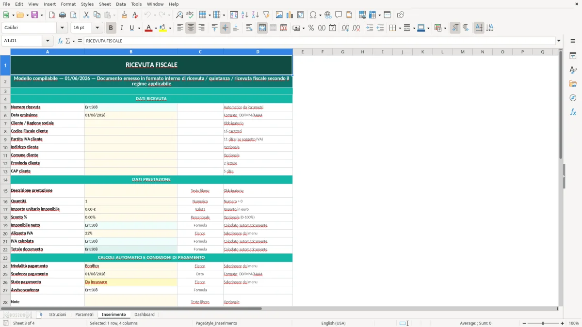 Screenshot 3: Foglio Inserimento - Modello Excel modello ricevuta fiscale excel
