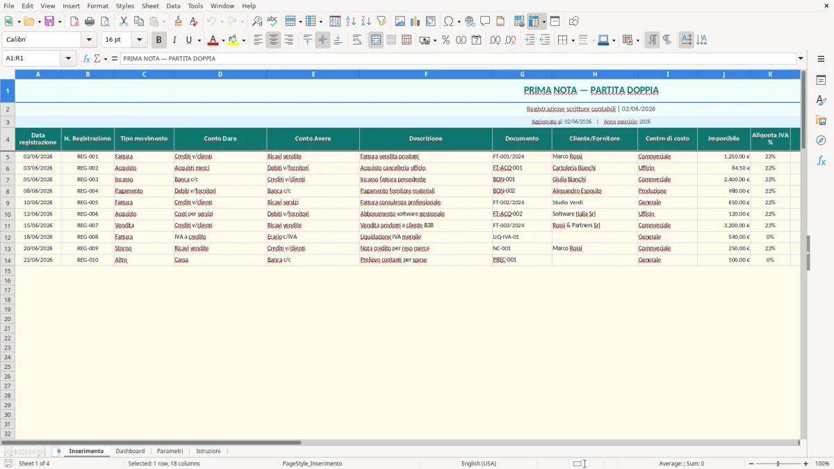 Screenshot 1: Foglio Inserimento - Modello Excel partita doppia excel