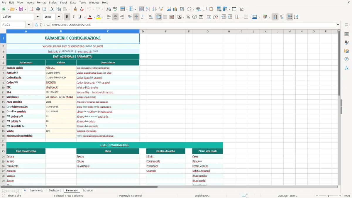 Screenshot 3: Foglio Parametri - Modello Excel partita doppia excel
