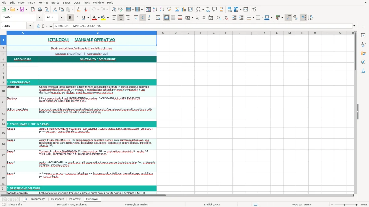 Screenshot 4: Foglio Istruzioni - Modello Excel partita doppia excel