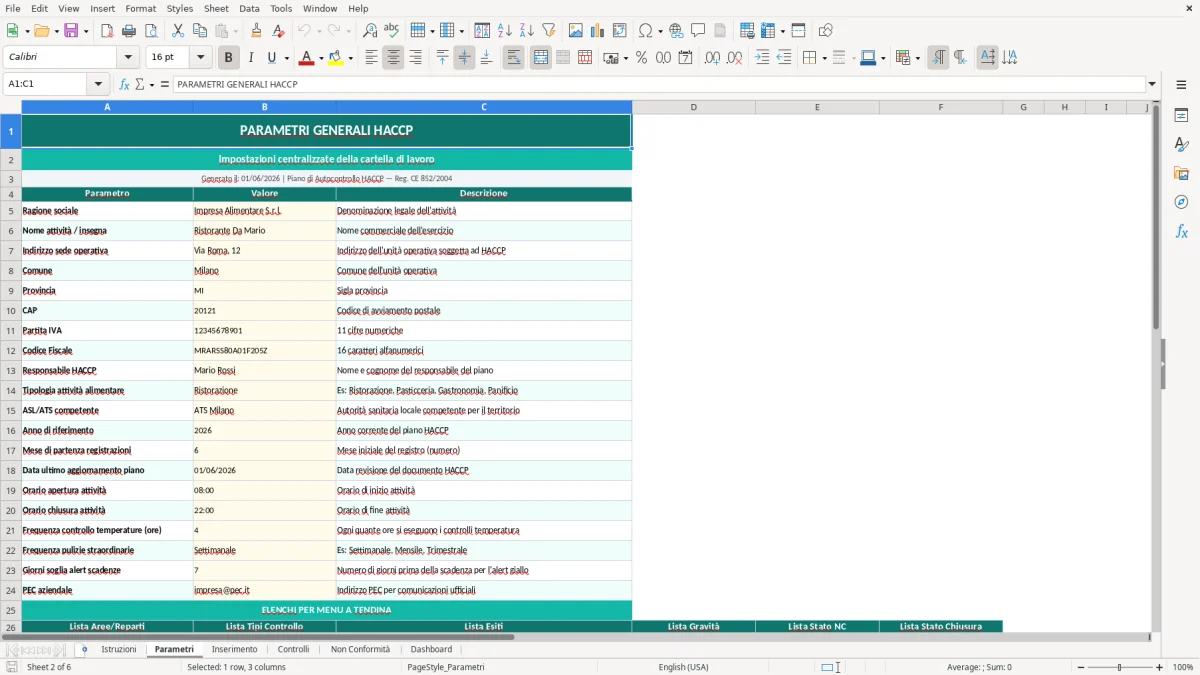 Screenshot 3: Foglio Inserimento - Modello Excel piano HACCP excel