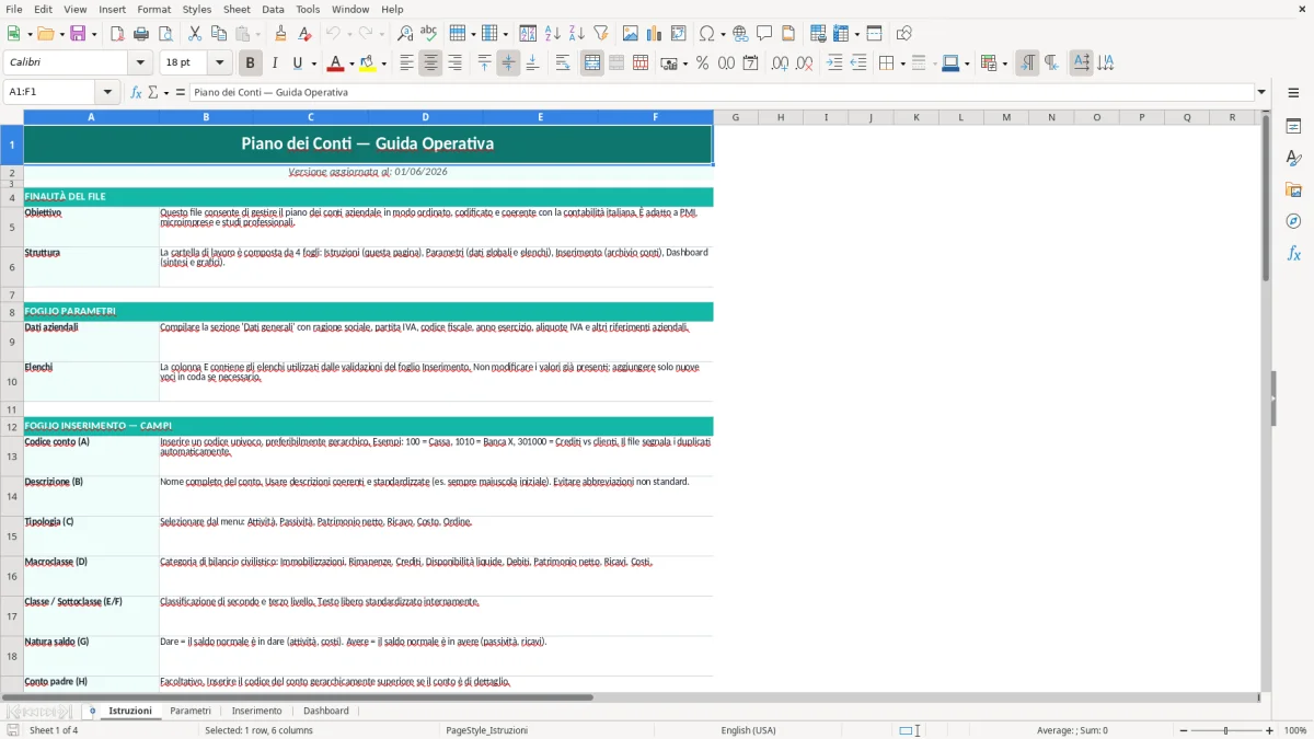Screenshot 1: Foglio Istruzioni - Modello Excel piano dei conti excel