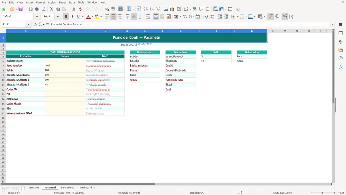 Screenshot 2: Foglio Parametri - Modello Excel piano dei conti excel