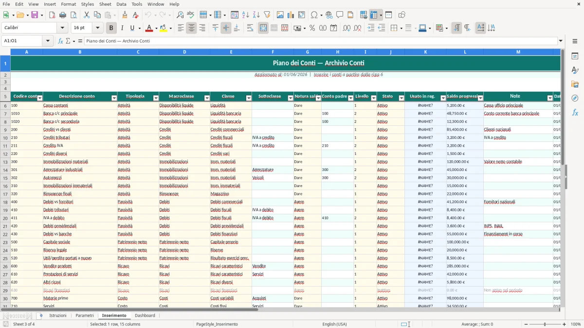 Screenshot 3: Foglio Inserimento - Modello Excel piano dei conti excel