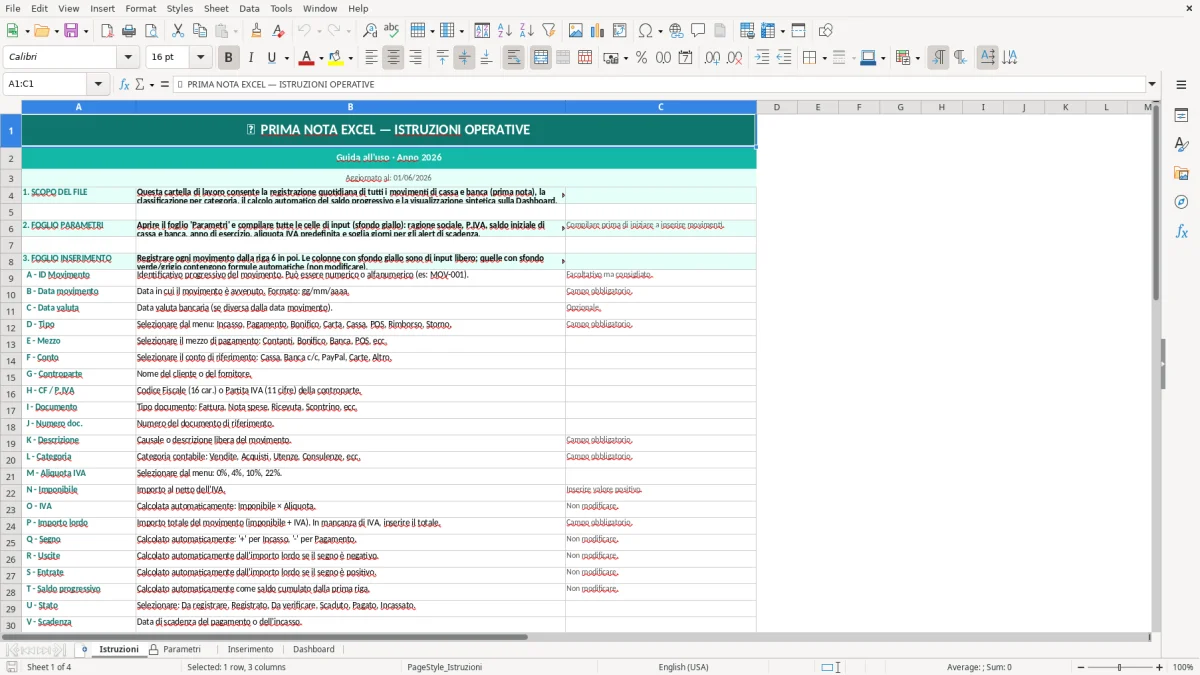 Screenshot 1: Foglio Istruzioni - Modello Excel prima nota excel