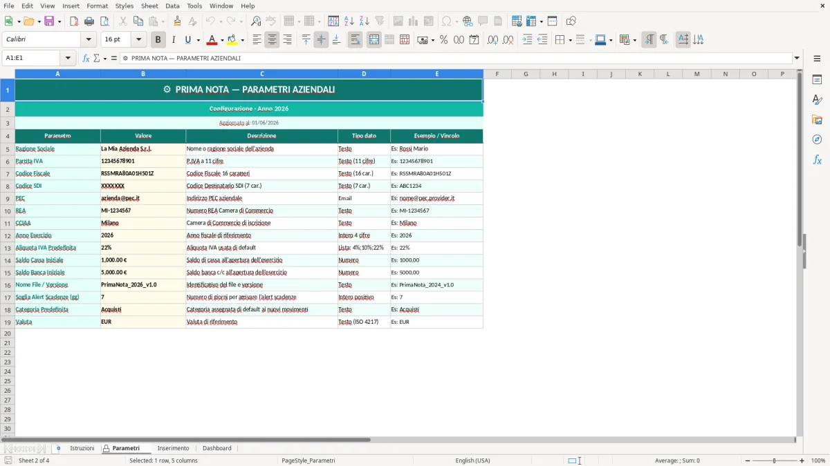 Screenshot 2: Foglio Parametri - Modello Excel prima nota excel
