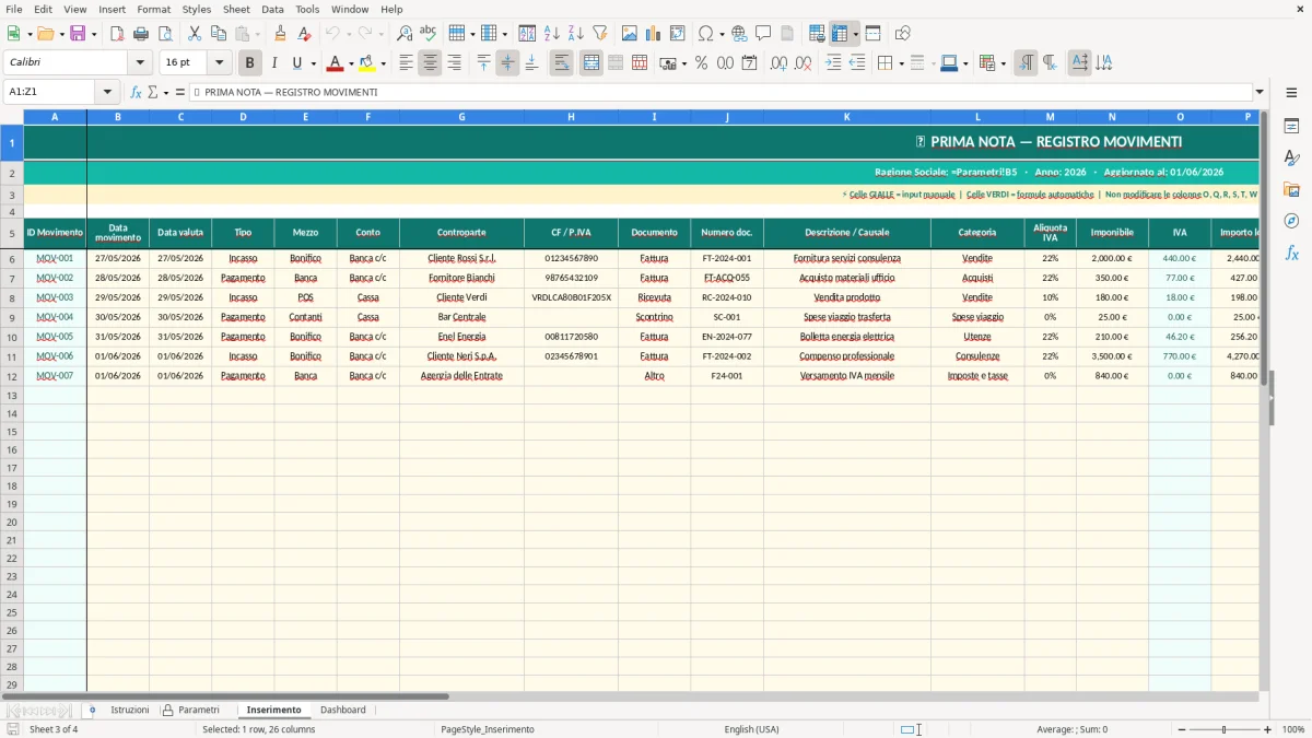 Screenshot 3: Foglio Inserimento - Modello Excel prima nota excel