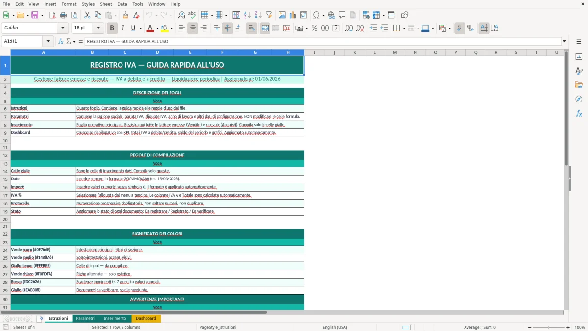 Screenshot 1: Foglio Istruzioni - Modello Excel registro IVA excel