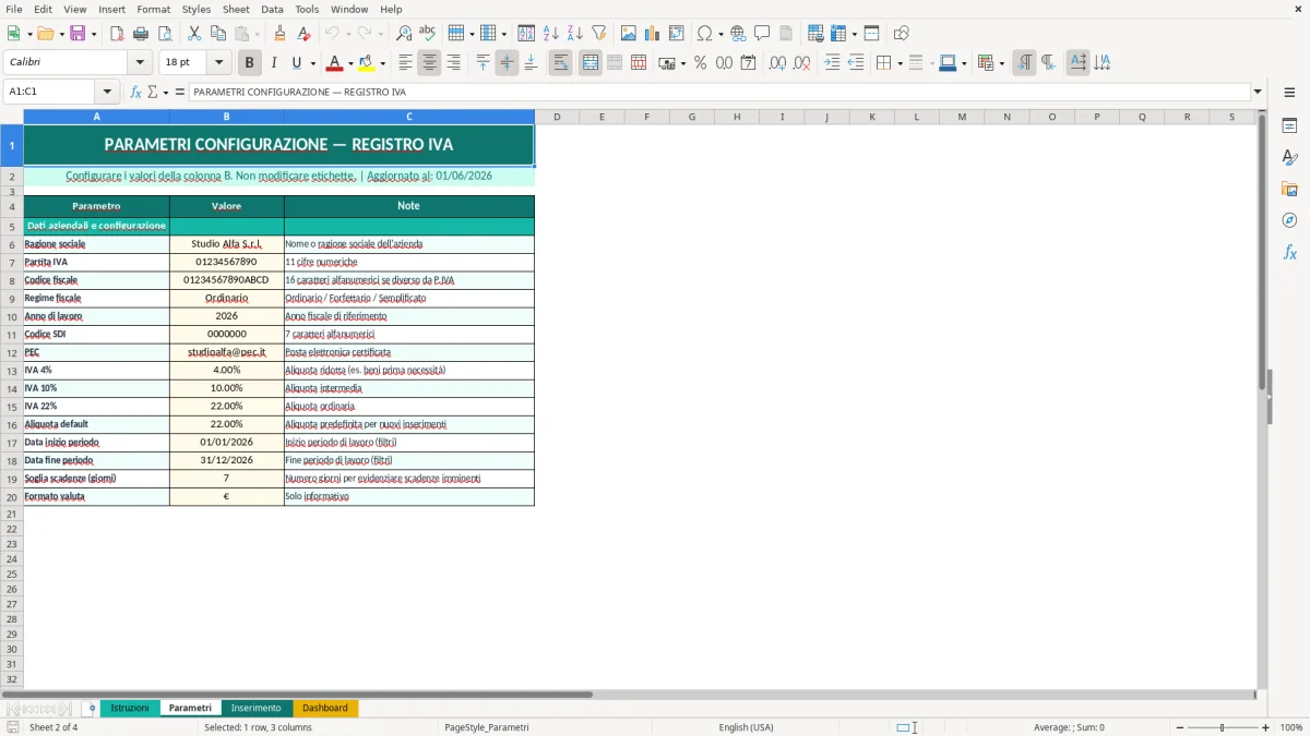 Screenshot 2: Foglio Parametri - Modello Excel registro IVA excel