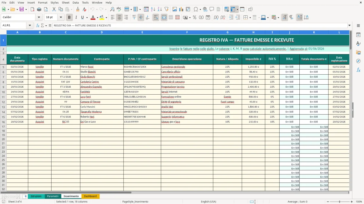 Screenshot 3: Foglio Inserimento - Modello Excel registro IVA excel