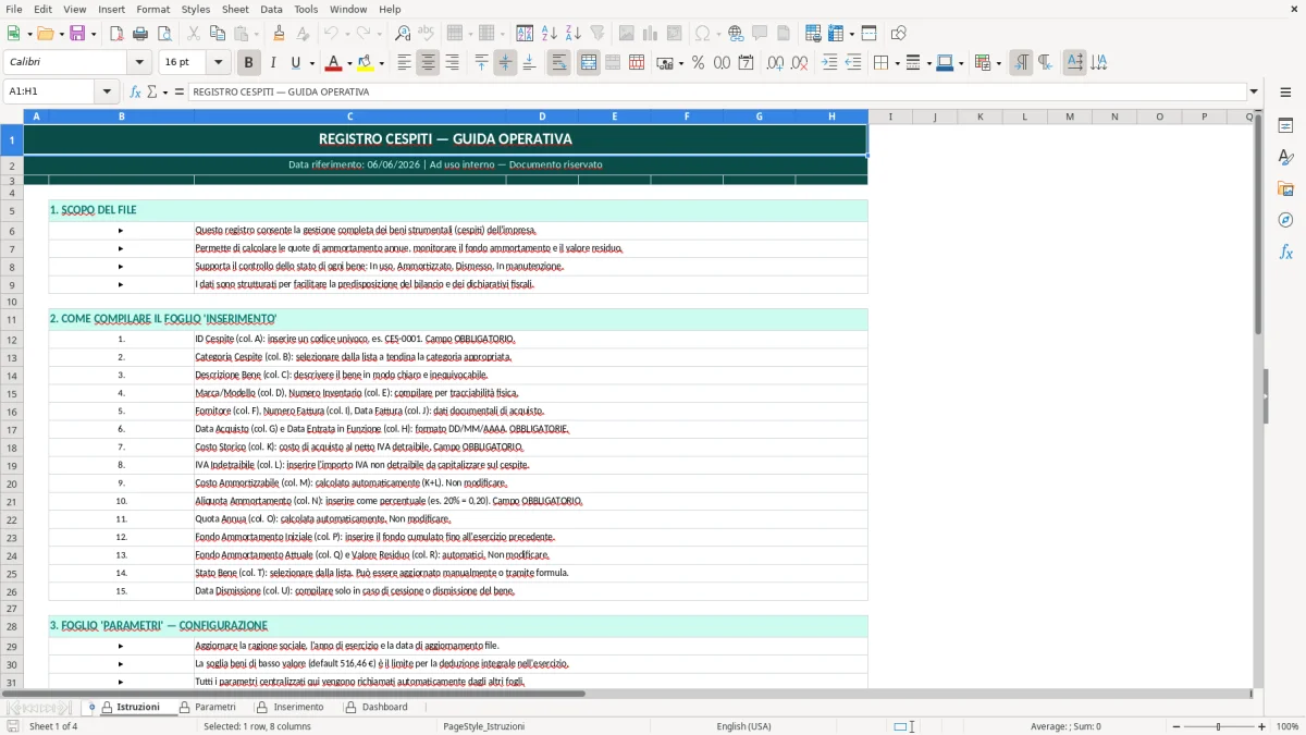 Screenshot 1: Foglio Istruzioni - Modello Excel registro cespiti excel