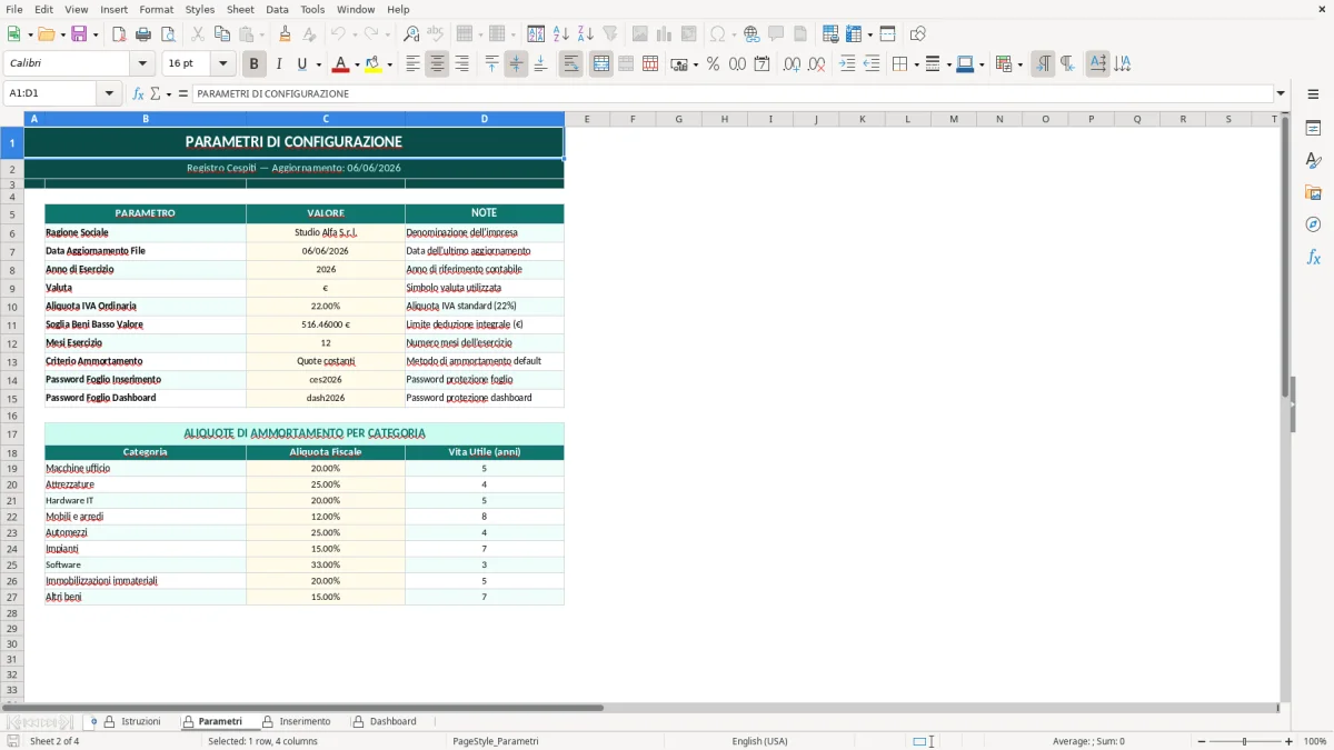 Screenshot 2: Foglio Parametri - Modello Excel registro cespiti excel