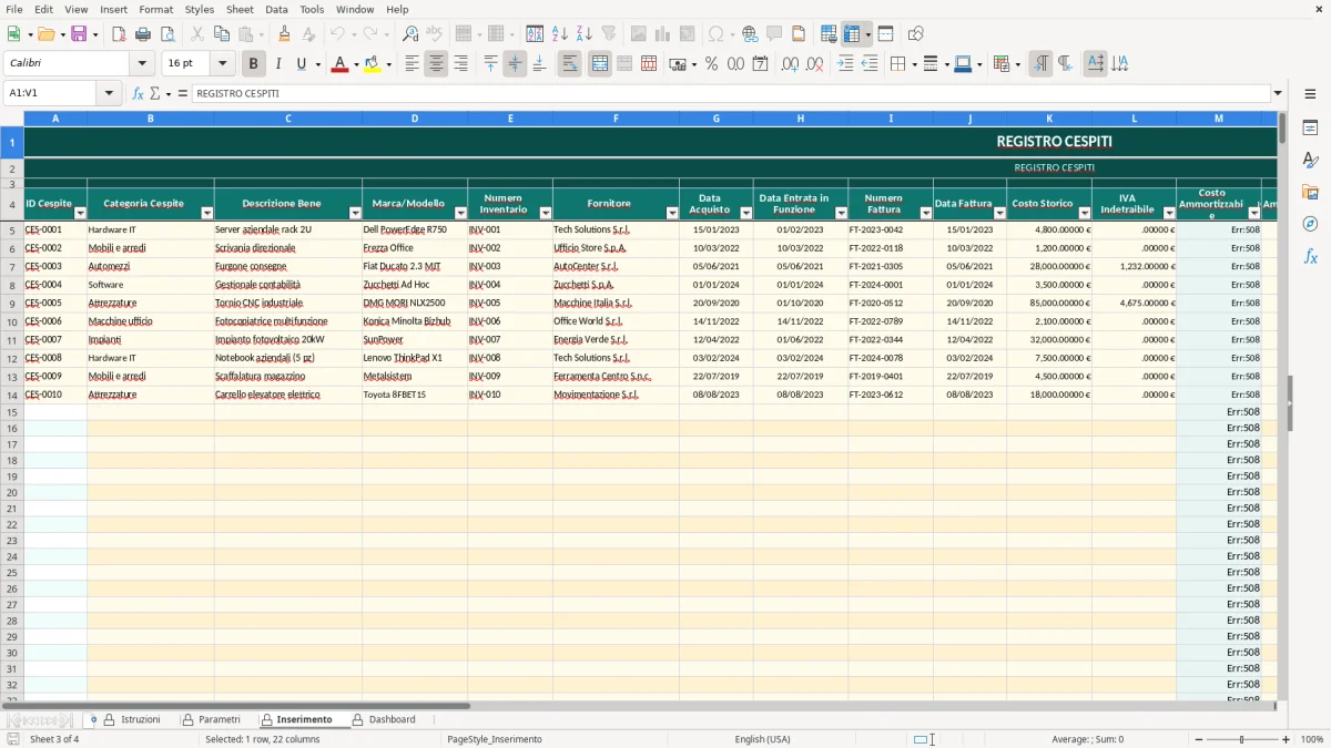 Screenshot 3: Foglio Inserimento - Modello Excel registro cespiti excel
