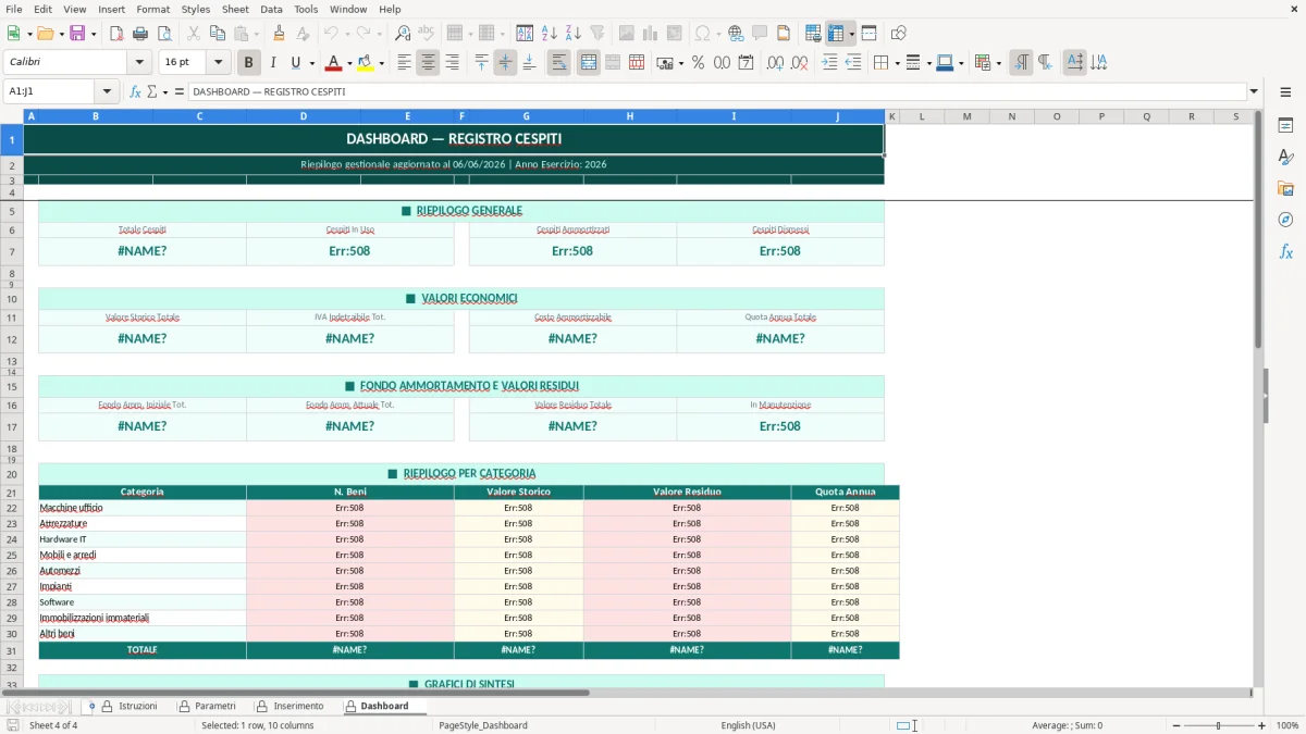 Screenshot 4: Foglio Dashboard - Modello Excel registro cespiti excel
