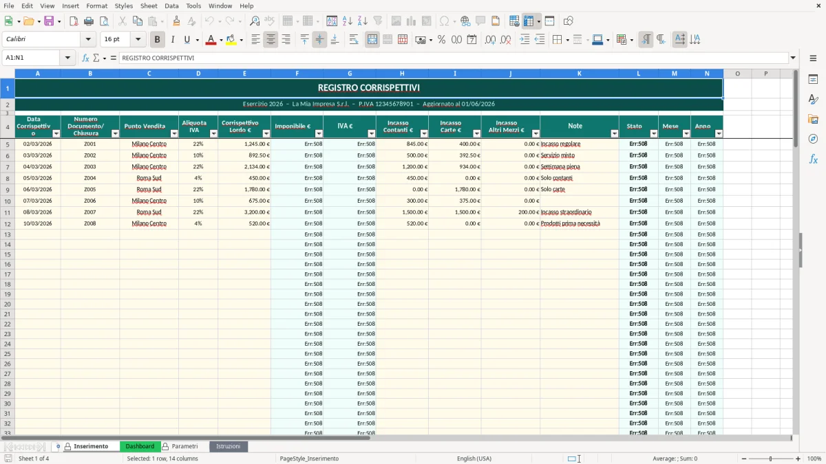 Screenshot 1: Foglio Inserimento - Modello Excel registro corrispettivi excel
