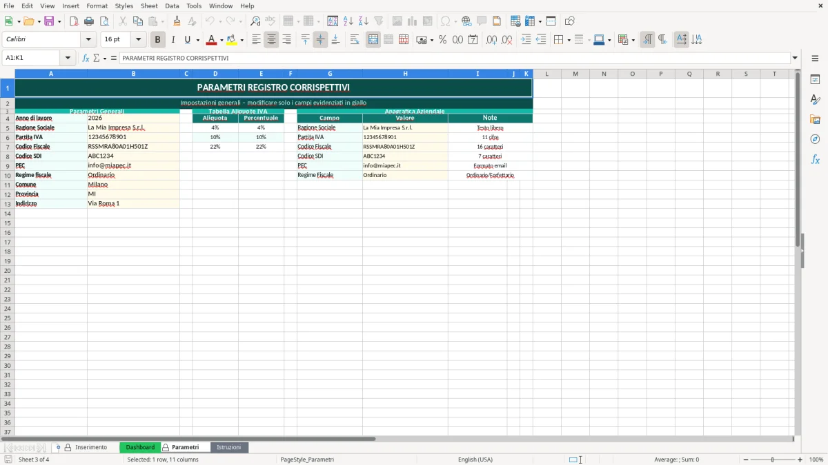 Screenshot 3: Foglio Parametri - Modello Excel registro corrispettivi excel