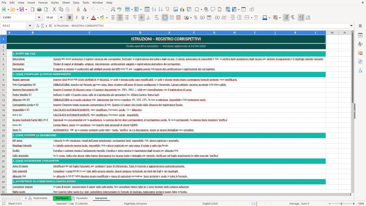 Screenshot 4: Foglio Istruzioni - Modello Excel registro corrispettivi excel